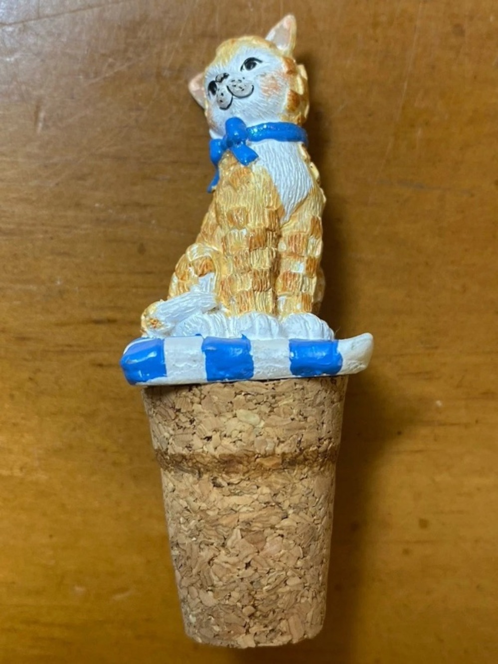 K's Collection Ceramic Cat Wine Bottle Stopper Orange Tabby Blue Bow Vintage 90s